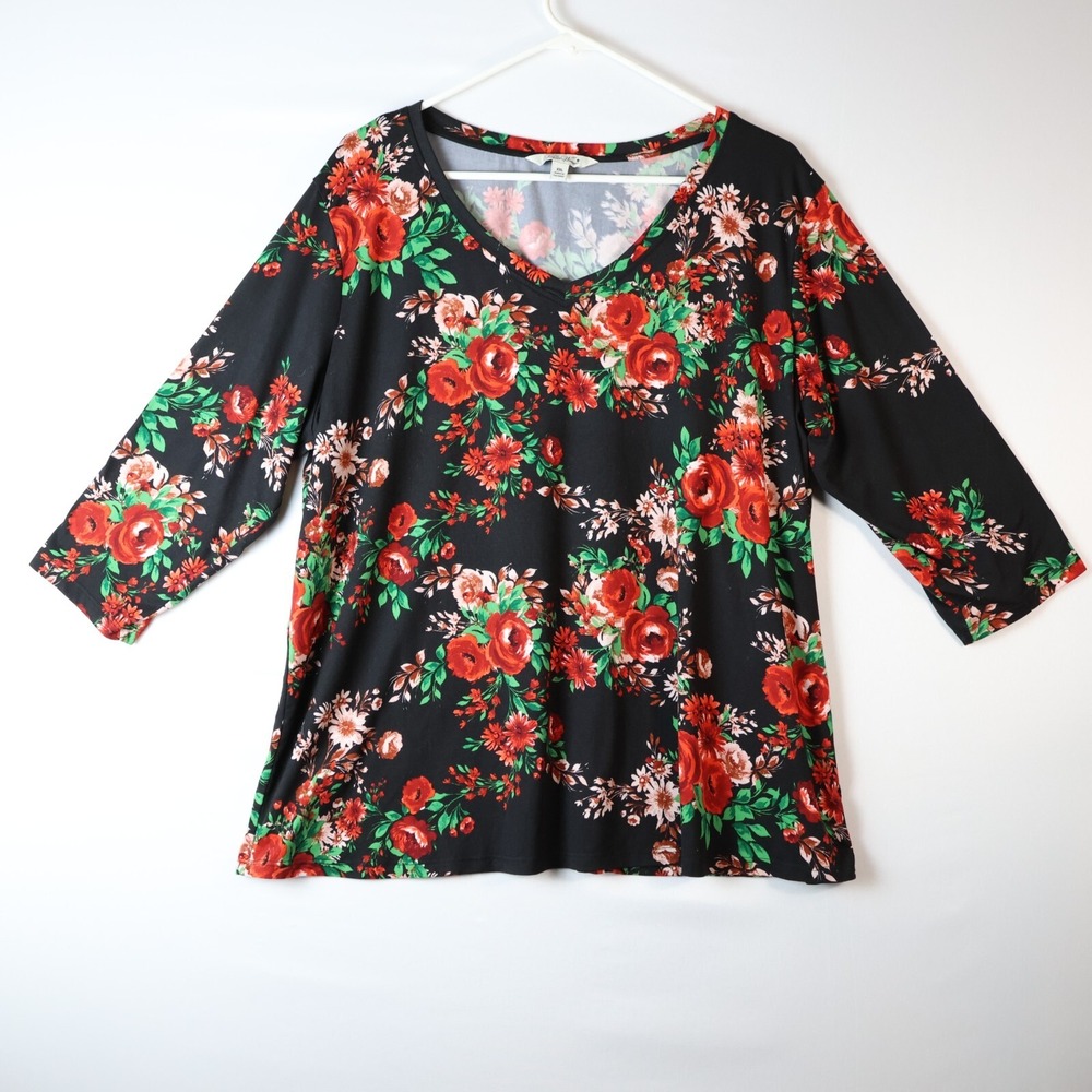 Ladies Size XXL Black Red Floral Shirt T-shirt Blouse Top by The Pioneer Woman